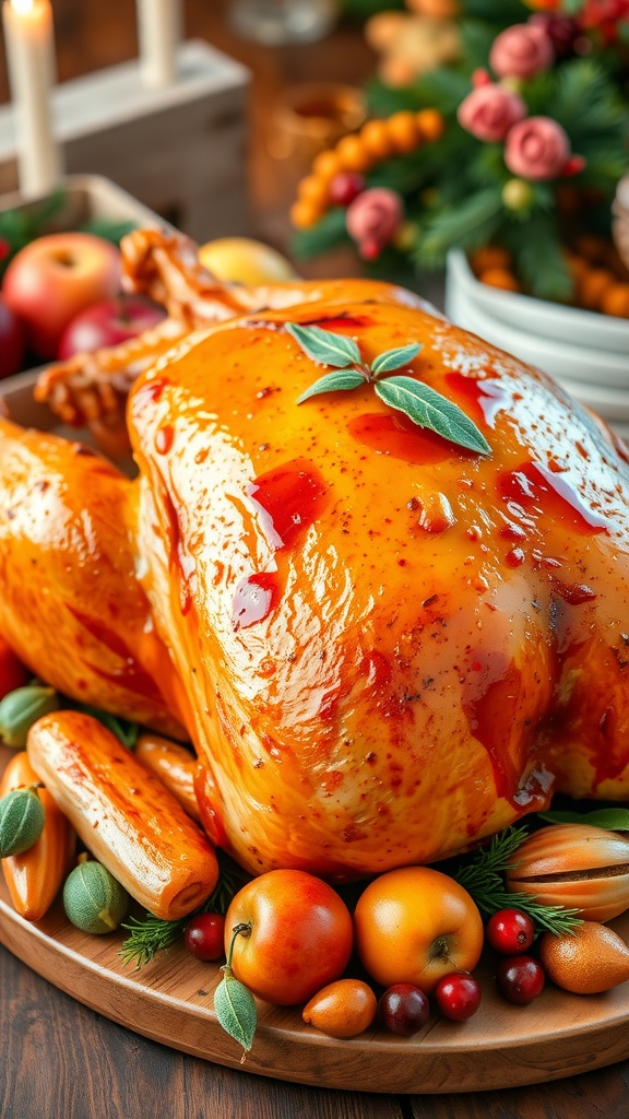 A savory roasted turkey with apple cider glaze, garnished with sage, on a rustic table with autumn fruits.